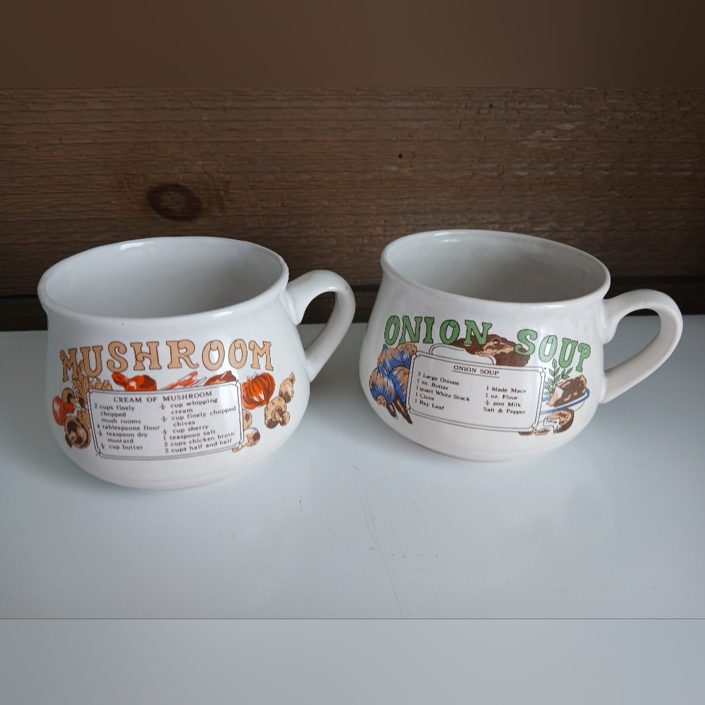 Vintage Recipe Soup Mugs Cream of Mushroom & Onion Soup White Ceramic Kitchen